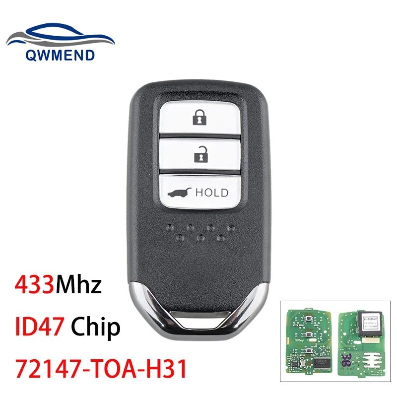 

QWMEND 72147-TOA-H31 Remote Car Key For Honda CR-V 2017-2020 Smart Car Key 433Mhz ID47 Chip 3 Buttons