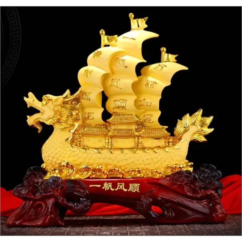 Modern Handmade Gold Dragon Boat Sculpture Decorate Ship Statue Resin For Home Decoration Sailboat Ornaments