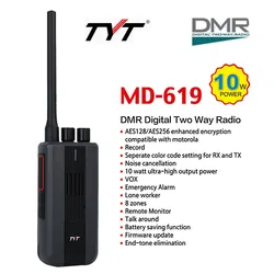TYT MD619 10W AES128 AES256 DMR Digital Walkie Talkie High Power Enhanced Encryption Recording Single frequency repeater mode