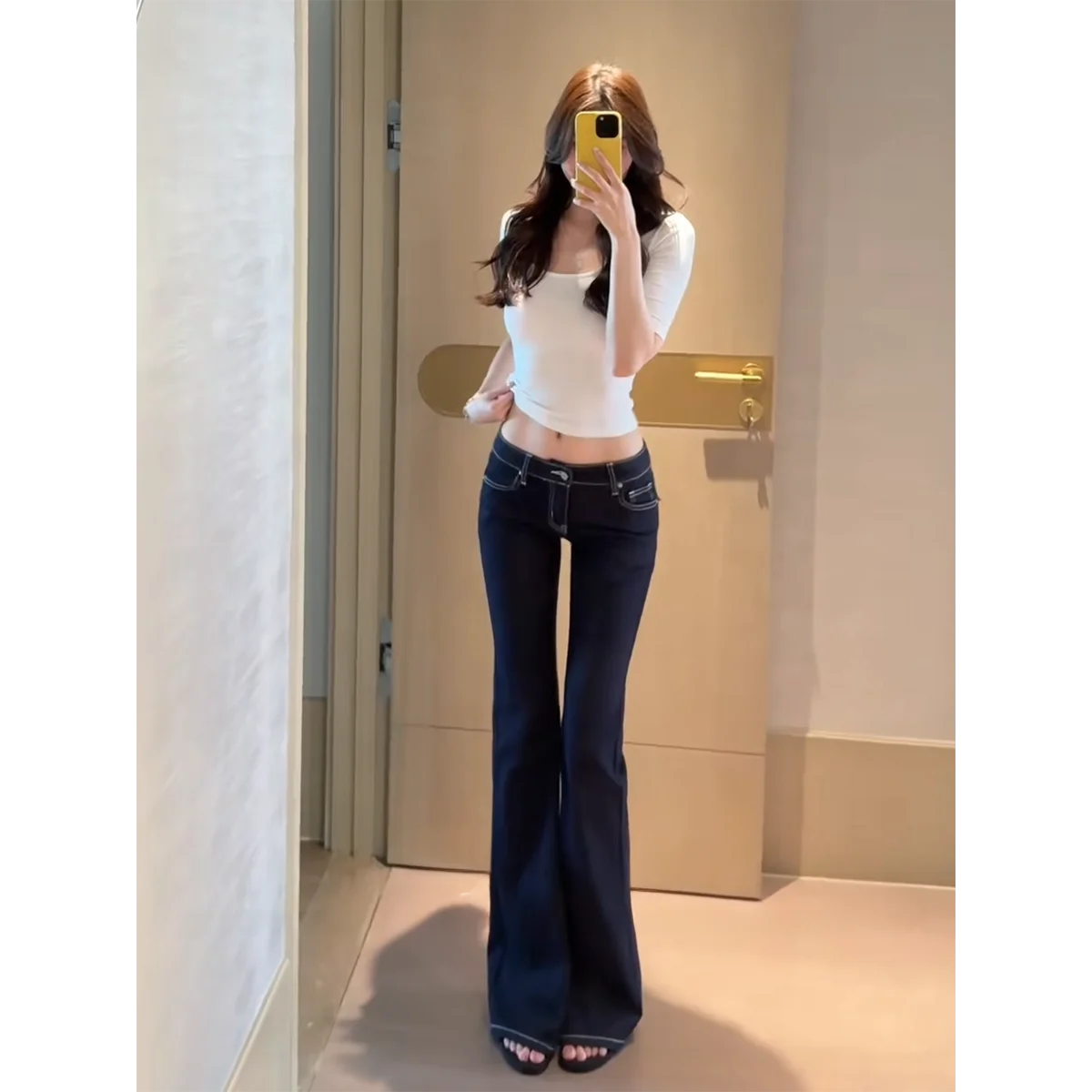 

Джинсы с низкой посадкой, эластичные, облегающие, в корейском стиле, летние, тонкие, широкие штанины, с накладными карманами, повседневные, на молнии