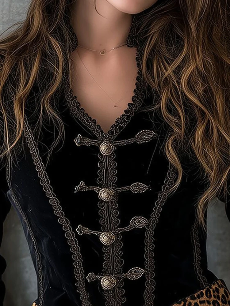 เสื้อเชิ้ตผู้หญิงสไตล์จีนวินเทจ แขนยาว คอวี แต่งลายเสือดาว ติดกระดุมแถวเดียว แฟชั่นฤดูใบไม้ร่วง สไตล์ลำลองเก๋ไก๋