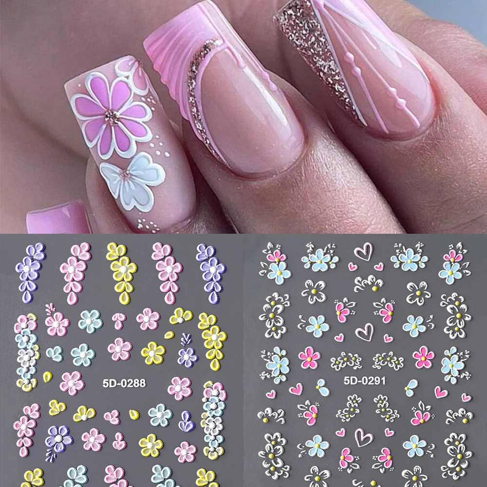 1Pc 5D Pink Blue Flower Nail Art Stickers Kawaii Spring Summer Small Petal Heart Self Adhesive Decals Floral Manicure Sliders