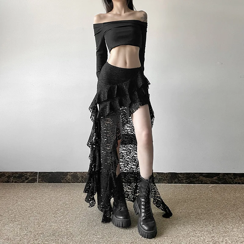 

White Sweet Design Lace Patchwork Ruffle High Waisted Y2k Skirt Women Summer Irregular Skirt Long Skirts Harajuku Goth Clothes