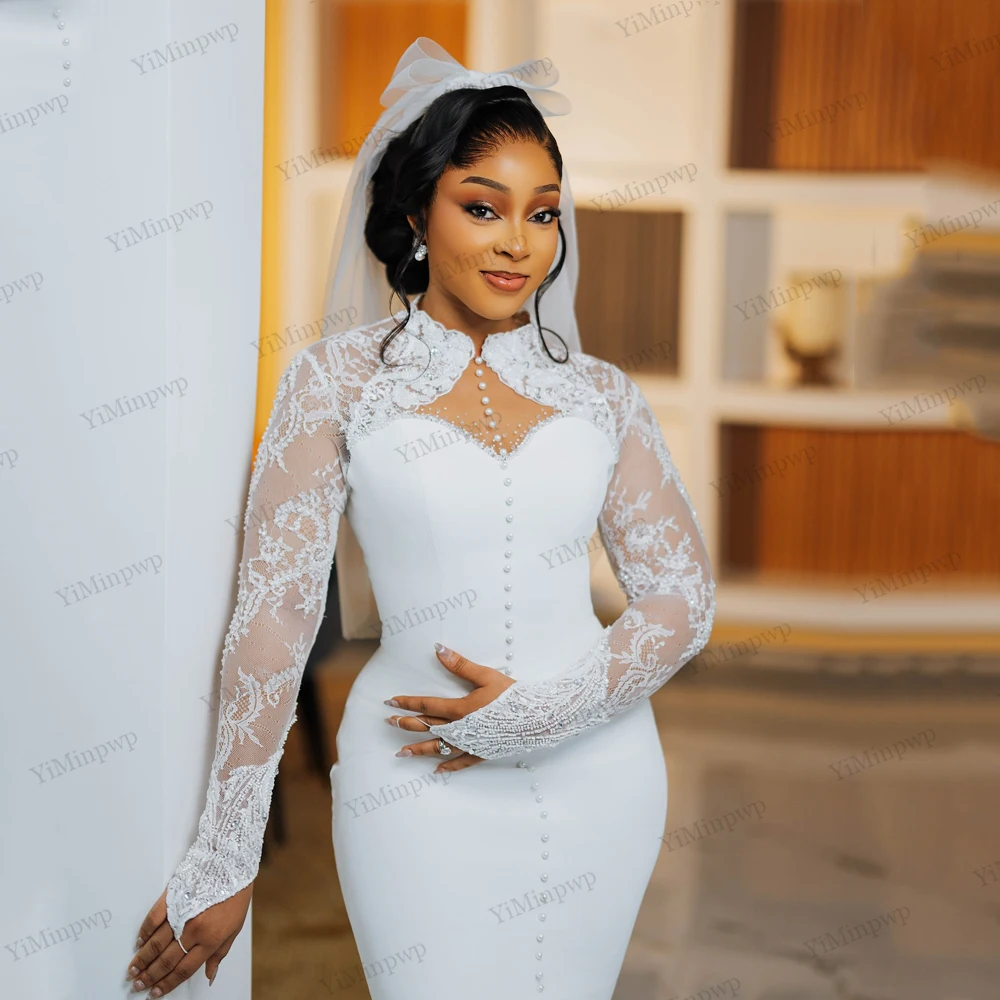 Civil Wedding Dresses for Bride 2026 O-Neck Full Sleeve Tea Length Aso Ebi Nigeria Lace Bridal Reception Dresses Customized