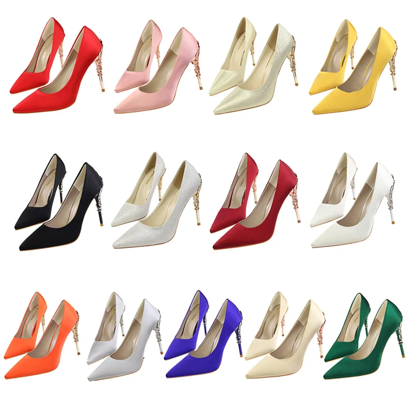 

Korean style Woman 10cm Metal Heels Satin Silk Dress Fashion Pumps Lady Wedding Bridal Catwalk Green Wine Red Pointed Tip Shoes
