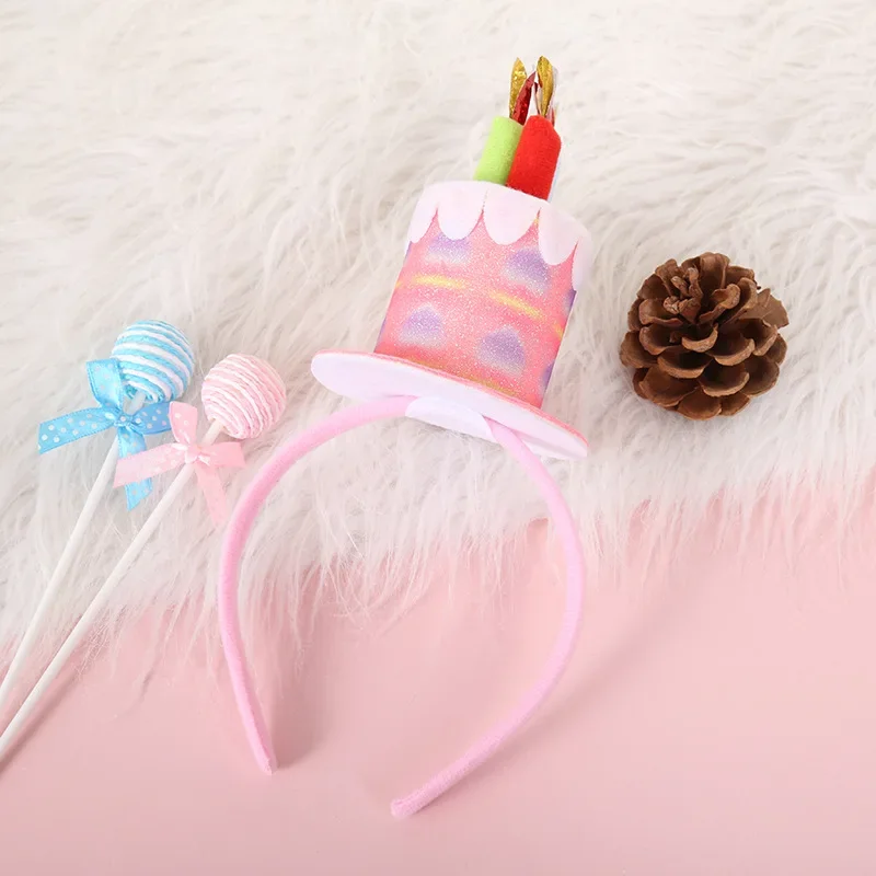 Shiny Pink Leather Birthday Cake Hat Colorful Gradual Color Hair Band Happy Birthday Party Decor Kids Favor Headband Hair Hoop