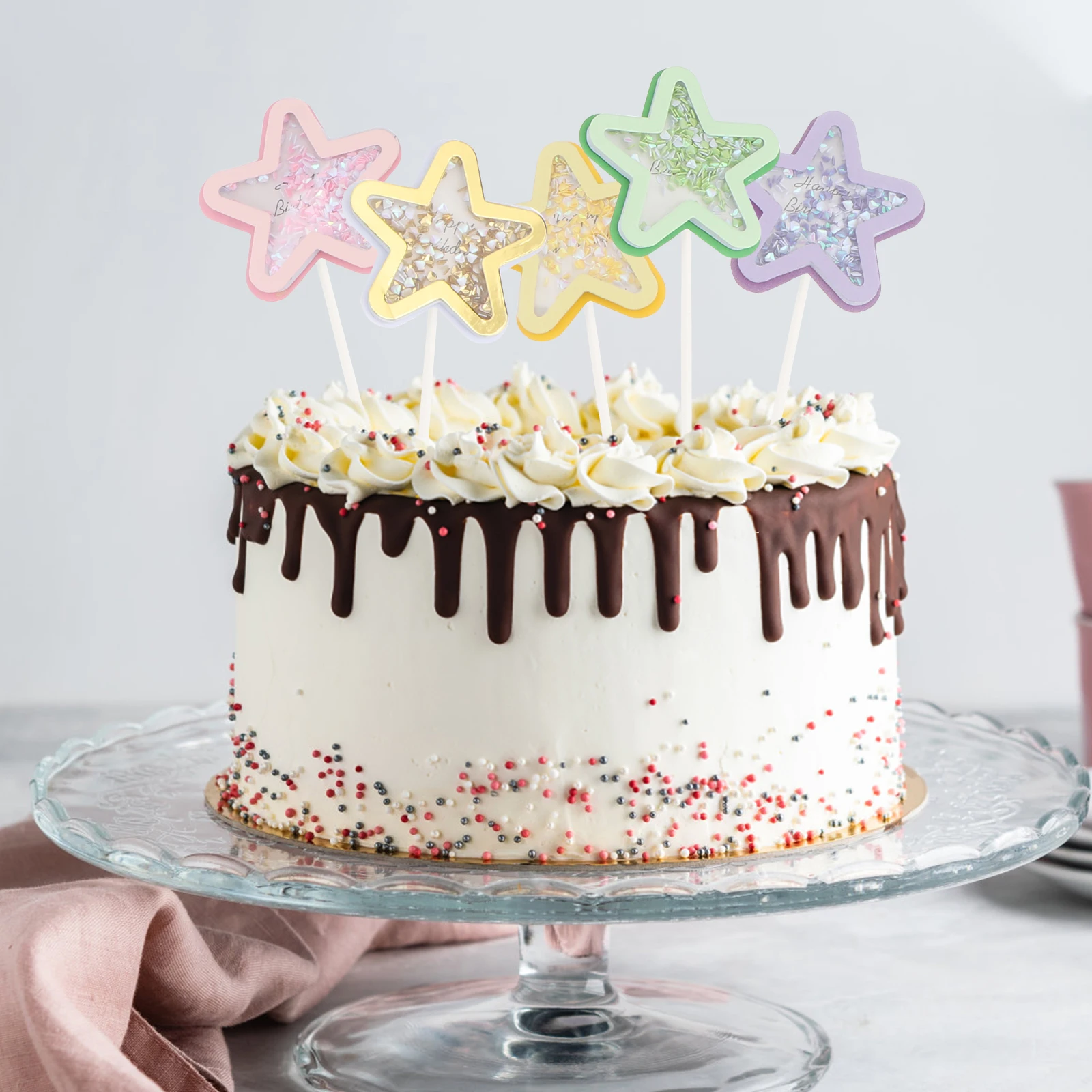 

12 Pcs Stars Cake Insert Romantic Lovely Design Cupcake Topper Birthday Wedding Dessert