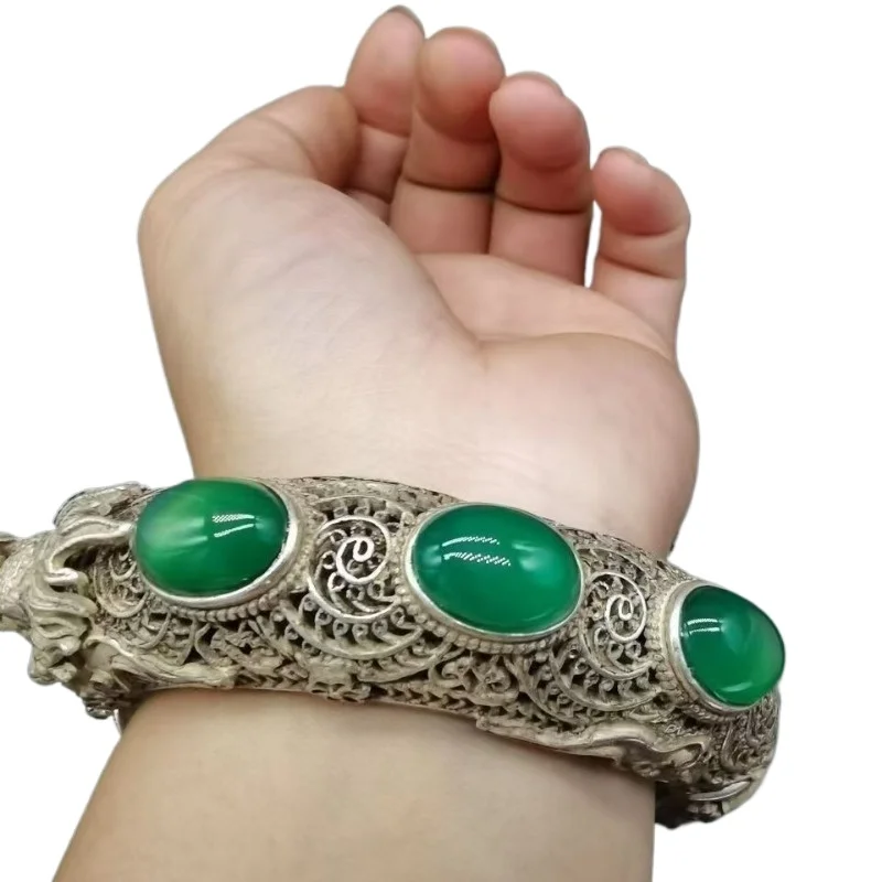 

Green Jade Inlaid Tibetan Silver Cuff Bracelet Fashion Personality Jewelry Double Dragon Skeleton Bangles Women Gifts