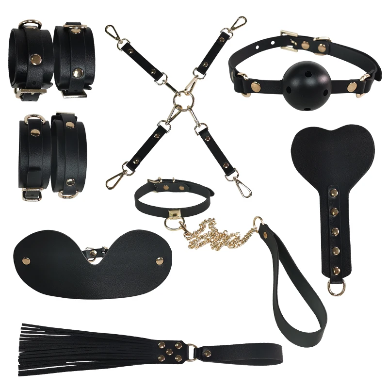 BDSM Bondage Kits Genuine Leather Restraint Set Handcuffs Whip Rope Collar Gag Vibrators Sex Toys For Women Couples Adult Games