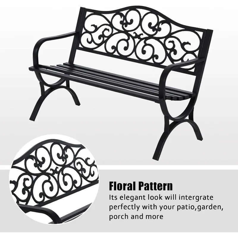 50 Inches Outdoor Garden Bench, Cast Iron Metal Frame Patio Park Bench with Floral Pattern Backrest