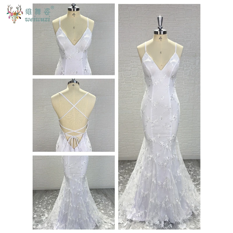 우아한 레이스 캐미솔 Fishtail 유행 웨딩 드레스 섹시한 깊은 V 스트랩 Backless 야외 잔디 웨딩 테마 맞춤 드레스