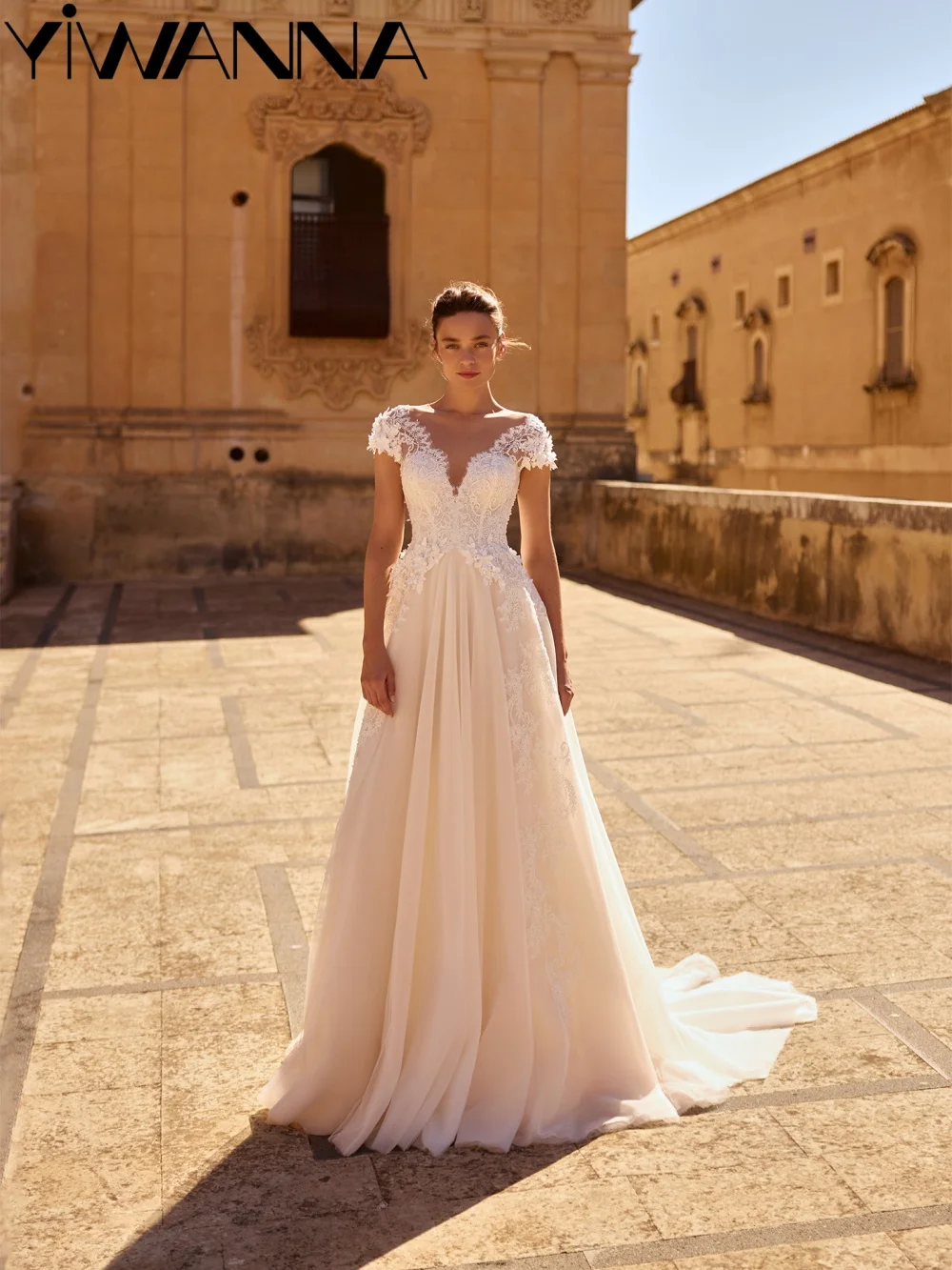 

Glitter Beaded A-line Lace Wedding Dress Classic Oneck Short Sleeve Bridal Gown Customized 3D Floral Elegant Dresses For Bride