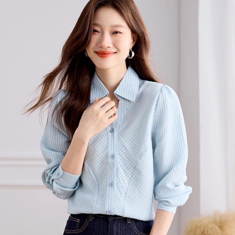 2025 Spring Autumn Women Blouse Lapel Stripe Women's Clothing Fashion Single Breasted Long Sleeves Blouses Straight Women Shirts