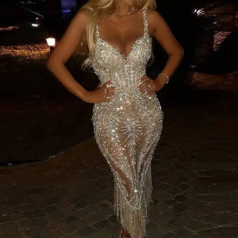 Damen Tiefer V-Ausschnitt Trägerloses Enges Paillettenkleid Schickes Quasten-Hüftwickelkleid Sommer Sexy Ärmelloses Schlankes Einfarbiges Abendkleid 4YU1