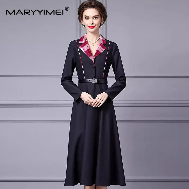 MARYYIMEI Autumn and winter Women's fashionable Dress Notched Long Sleeved Button Commuter Black/Purple red Dresses With Belt