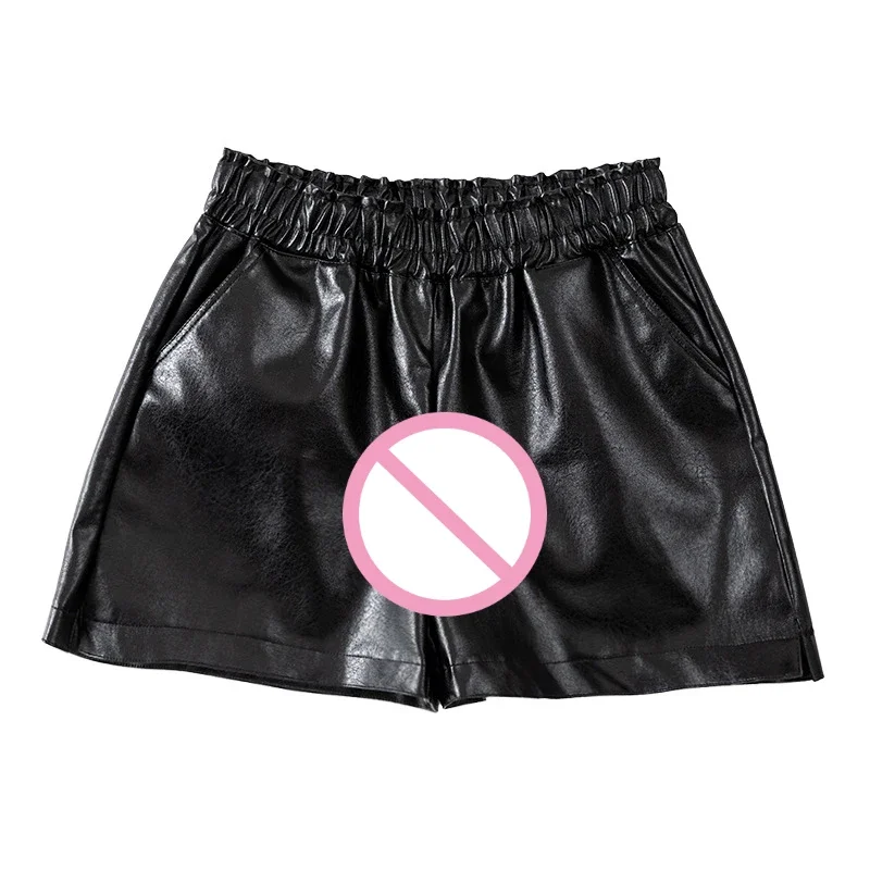 Frau Sexy Öffnen Gabelung Shorts PU Leder Schwarz Ouvert Leggings Versteckte Zipper Falten Tasche Atmungs Heißer Paar Sex Spiel Hose