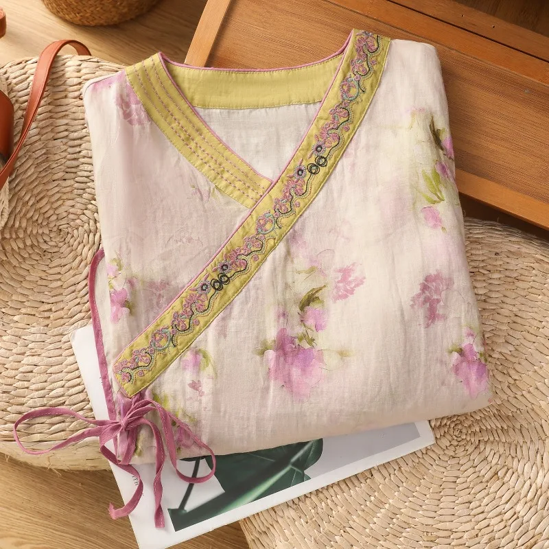 

Chinese Style Women's Blouses Embroidery Vintage Shirts Fashion Loose Summer Clothing Short Sleeved Cotton Linen Women Tops