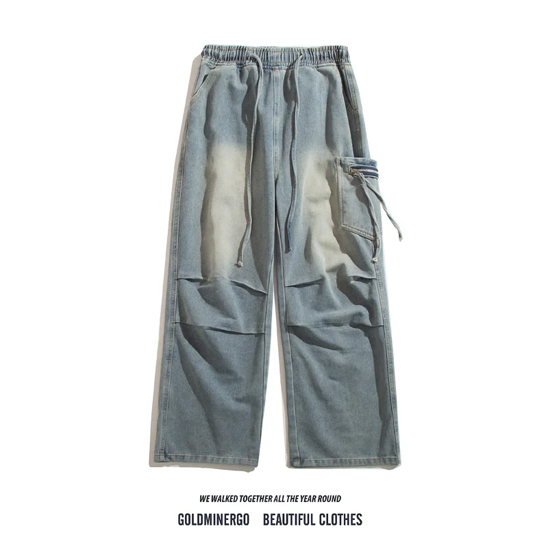 

Модные рабочие джинсы с множеством карманов, свободные прямые брюки в стиле ретро, повседневные джинсы для мужчин в американском стиле, свободный крой