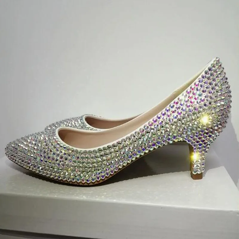 Luxury Bling Full Crystal Rhinestone Pointed Toe Pumps Shallow Slip On 5/11 CM Stiletto Heels Wedding Shoes Women Dress Shoes