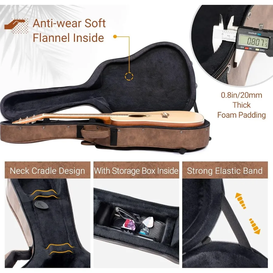 Acoustic Guitar Case Waterproof Hardshell 0.8in Thick Padding Waterproof PU Design Easy Cleaning with 3 Pockets and Storage Box
