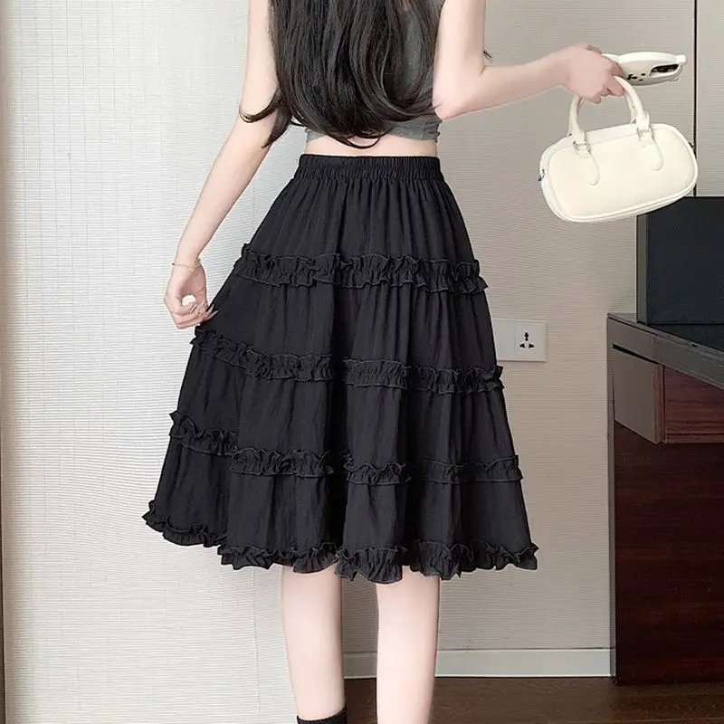 여름 미디 기장 볼 가운 블랙 스커트 여성 캐주얼 한국 스타일 Y2k 의류 빈티지 슬림 여성 주름 A라인 화이트 스커트