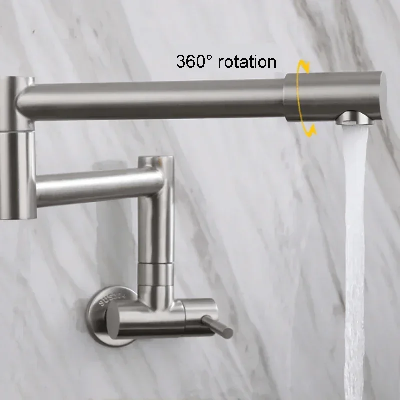 

304 Stainless Steel Single Cooling Water Faucet Wall Mounted 360° Rotating Foldable Kitchen Faucet Stainless Steel Brushed