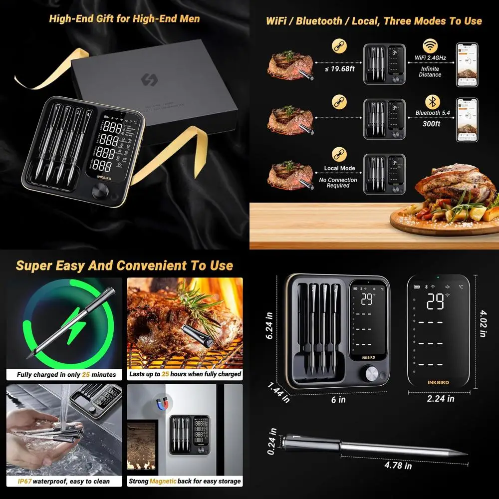 

4-Probe Wireless BBQ Thermometer, WiFi & Bluetooth Enabled, Waterproof for Grilling & Roasting, Compatible with iOS & Android