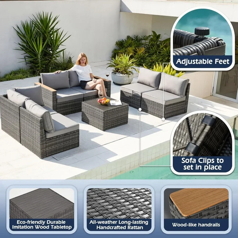 7 Pieces Outdoor Patio Furniture, Durable Wicker Outdoor Couch Patio Sectional Sofa Conversation Sets for Backyard, Lawn,Outside