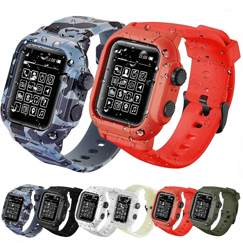 

Silicone Case+Strap for Apple Watch 6 5 4 SE 44mm Sports Band IP68 Waterproof Anti-drop Protective Shell for iWatch 3 2 1 42mm