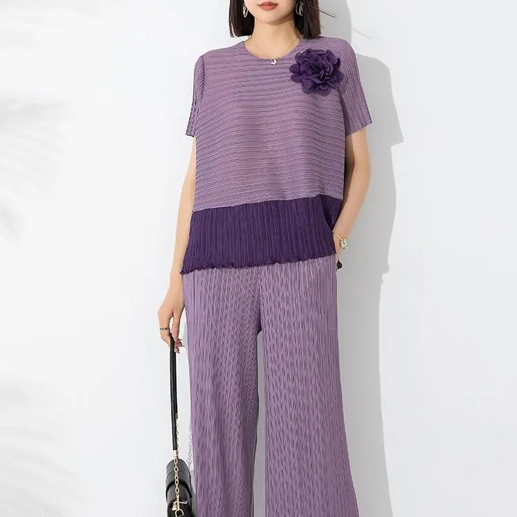 Miyake Pleated Fashion Set Two-Piece Women 2023 Summer New Contrast Color Pullover Top High Waist Tight Edge Straight-Leg Pants