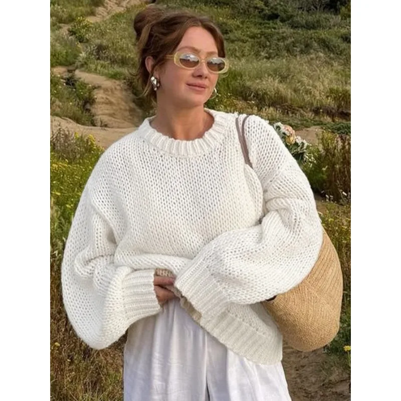 Luxury Women Clothing Lazy Oversized Sweater Trend White Knit Pullover Coats Long Sleeve O-neck Tops Loose Lightweight Outerwear