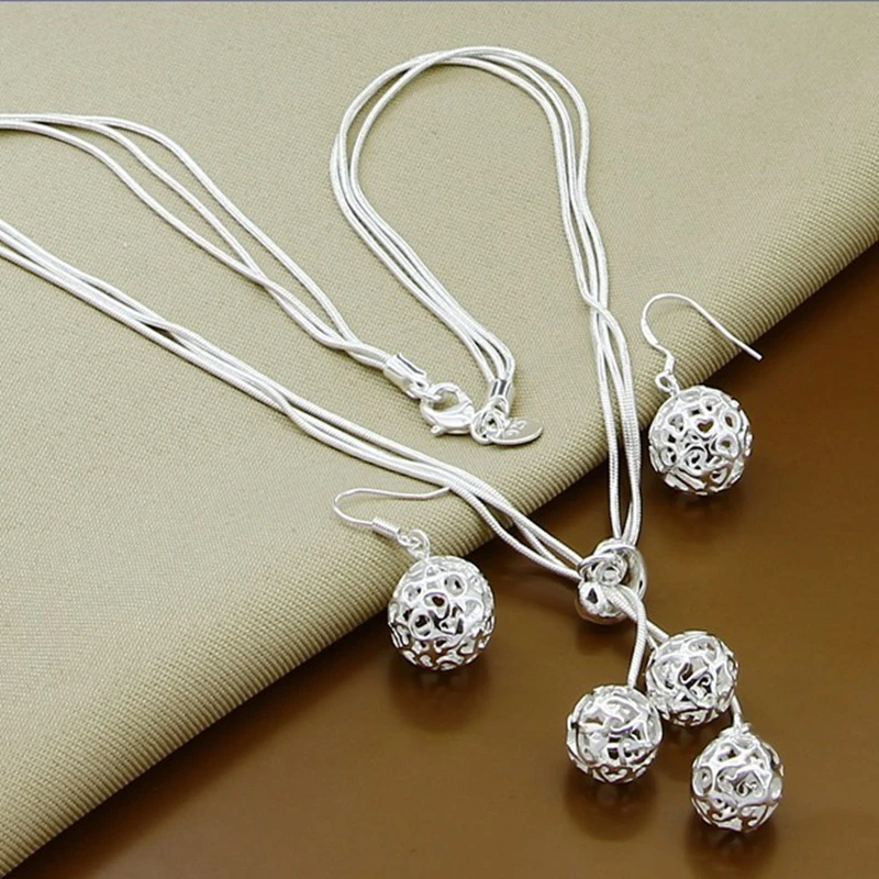 

2pcs 925 Sterling Silver Tassel Balls Drop Earrings Necklaces Set For Women Fashion Wedding Jewelry Gifts