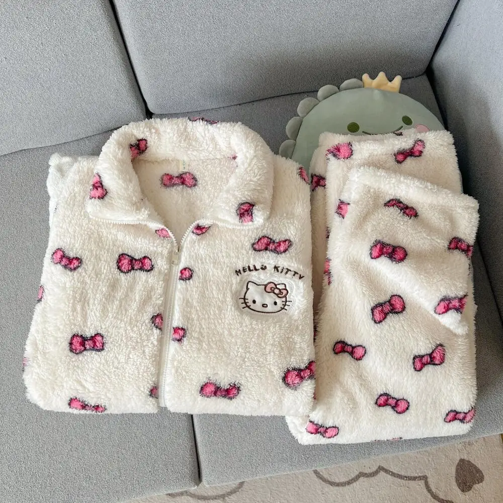 حار سانريو مرحبا كيتي الفتيات المخملية الدافئة منامة مجموعة أنيقة سيدة الترفيه الحلو سستة Homewear قطعتين مجموعة المرجان الصوف