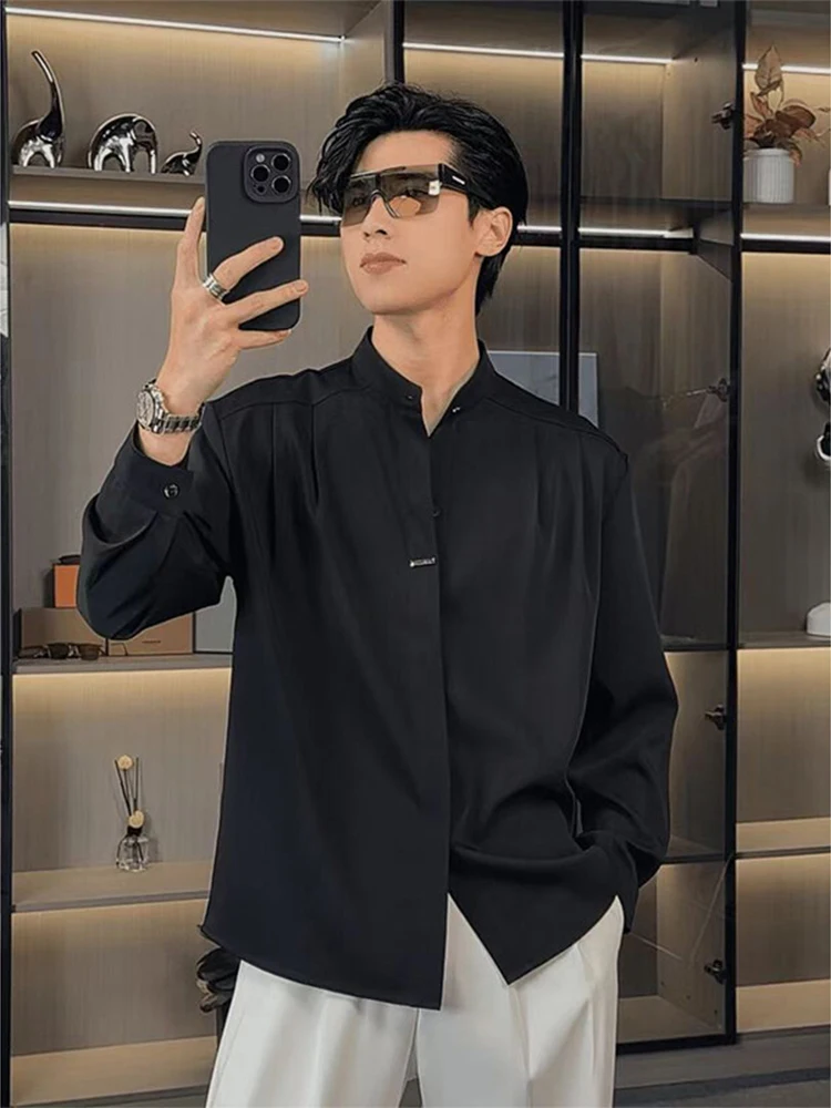 

New Chinese Sle 3D Tailoring Pure Color Stand Collar Men's irt Simple High End Drape Loose Long Sve Casual irt