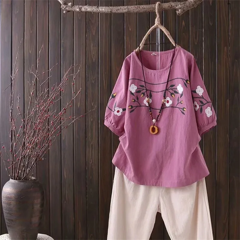 

Middle Aged Mother Fashion Linen Cotton Shirt Spring Summer Ladies Round Neck Embroidered Blouse Retro Women Large Size 4XL Tops