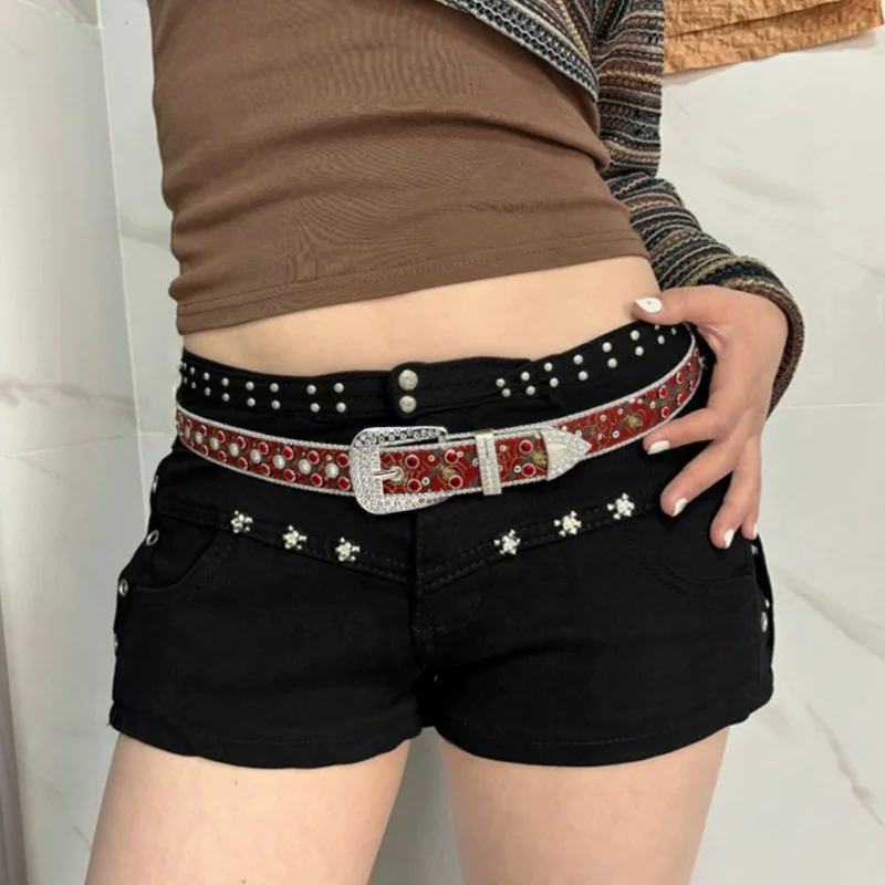 Western Rhinestne Skull Design Punk Red Rhinestone Spisder Embossed PU Women Belt with Jeans Dress