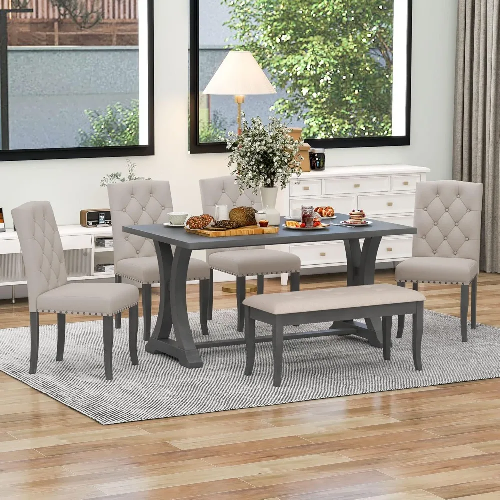 Design a classic and traditional style 6-piece cutlery set, including a dining table, 4 cushioned chairs, and benches