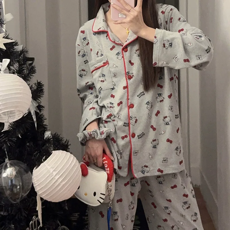 

ey Cartoon KT Printed Kawaii Pure Cotton Spwear Set Sanrio Women's Casual Long Sve Home Clothes Spring Autumn Seasonal Outfit