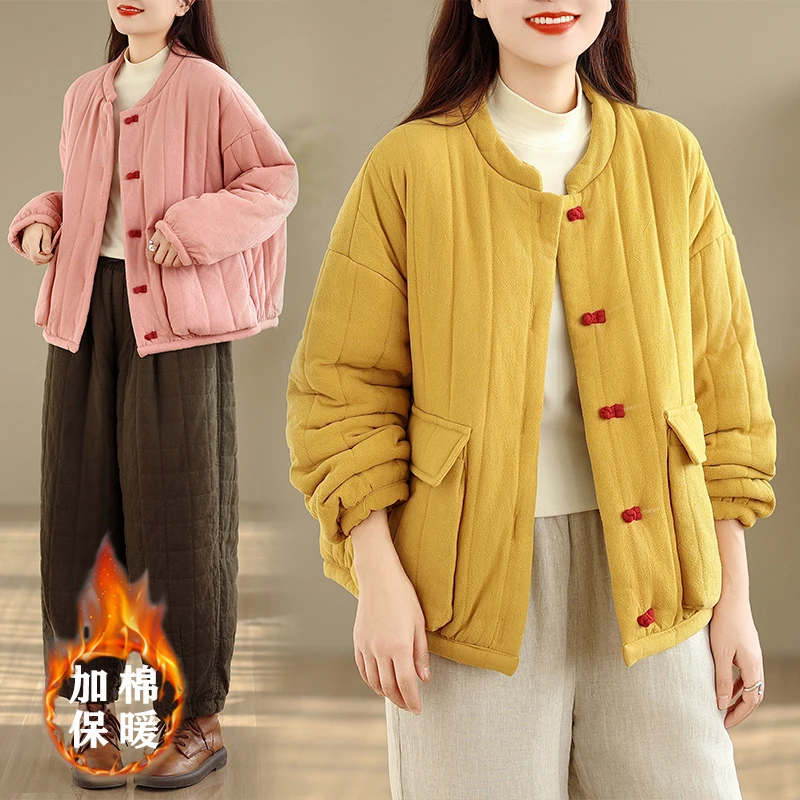 

High Quali Loose Cotton Jaet Women's Winter New Sle Casual Comfortable Warmth Single Button Pure Color Faionable
