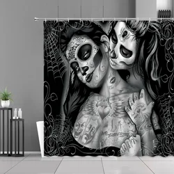 Gothic Shower Curtain Tattoo Girl Sugar Skull Shower Curtain Black Gray Fabric Waterproof Polyester Bathroom with Hooks