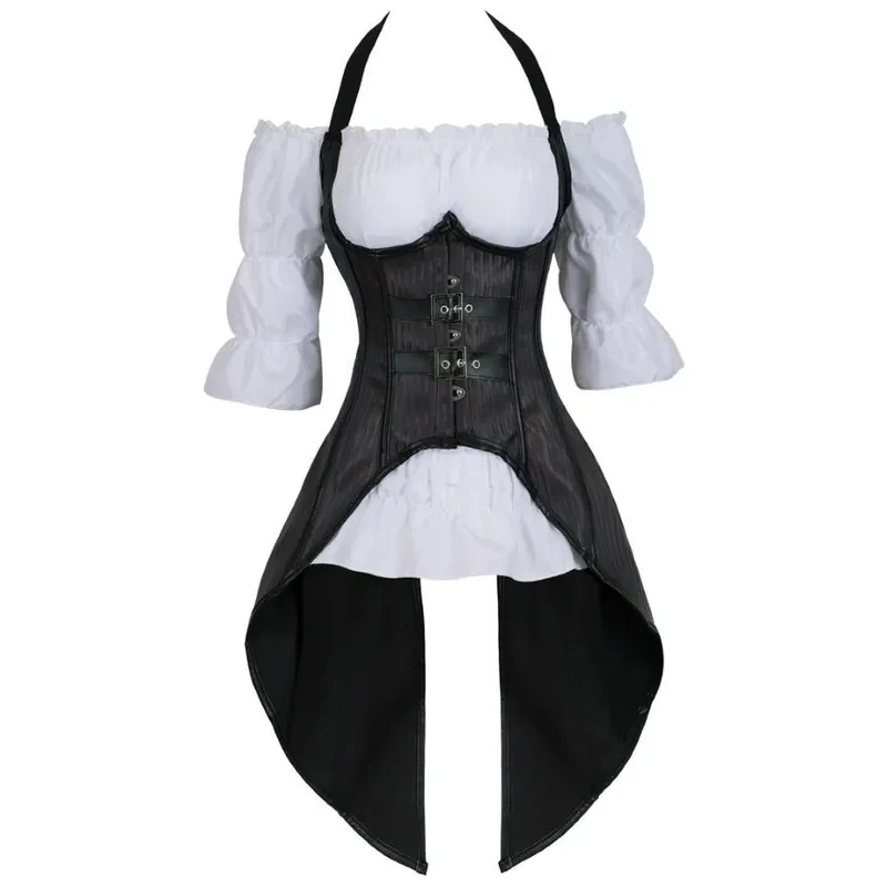 

Punk Sexy Corset Bustier 2 Pieces Long Straps Blouse Top Vest Corsets Pirate Lingerie Irregular Plus Size Burlesque Costumes