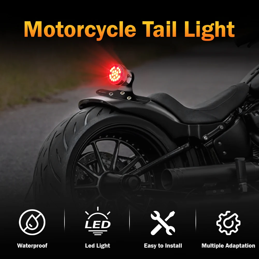 Motorcycle Rear Tail Brake Stop Light LED Retro Red Lamp W/ License Plate Mount for Harley Chopper Bobber Cafe Racer