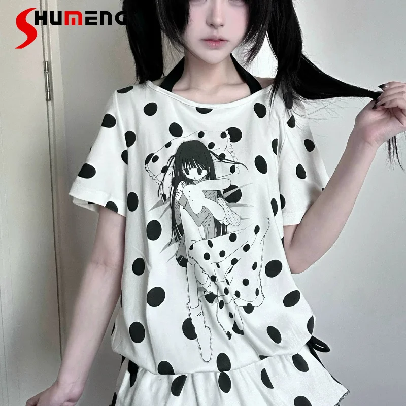 

Original Cartoon Big Neckline Regular Shoulder T Shirt Black White Retro Soft Slim Fit Short Sleeved Pullover Y2k Tees For Girls