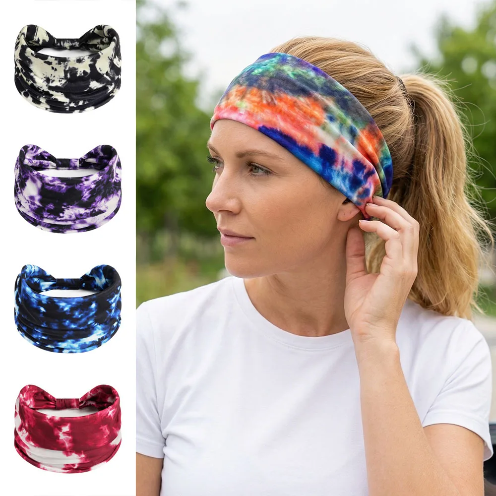

Модная женская повязка на голову с эффектом тай-дай, широкая, с узлом, тюрбан, нескользящая, эластичная, спортивная повязка для волос, повязка от пота для женщин