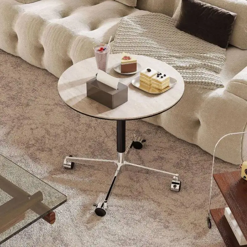 

Мраморный журнальный столик с вращающимся верхом, современный круглый приставной столик с колесами, регулируемая высота, акцентный столик для гостиной