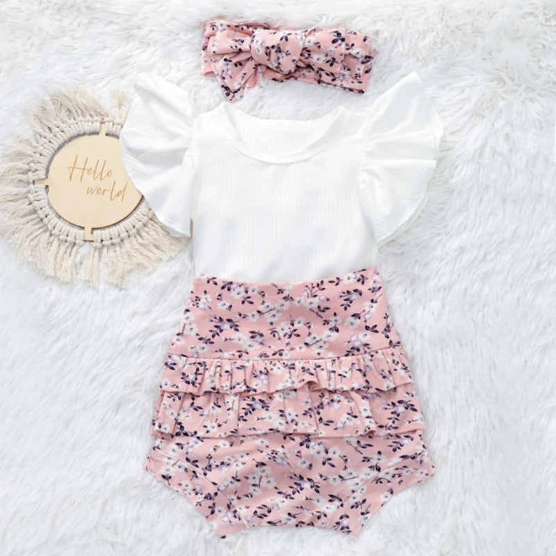 

2023 Summer Girl Daily Cute Clothes Ribbed Knitted White Jumpsuit with Floral Print Ruffled Skirt-Pants Infant 3-24 Month Outfit