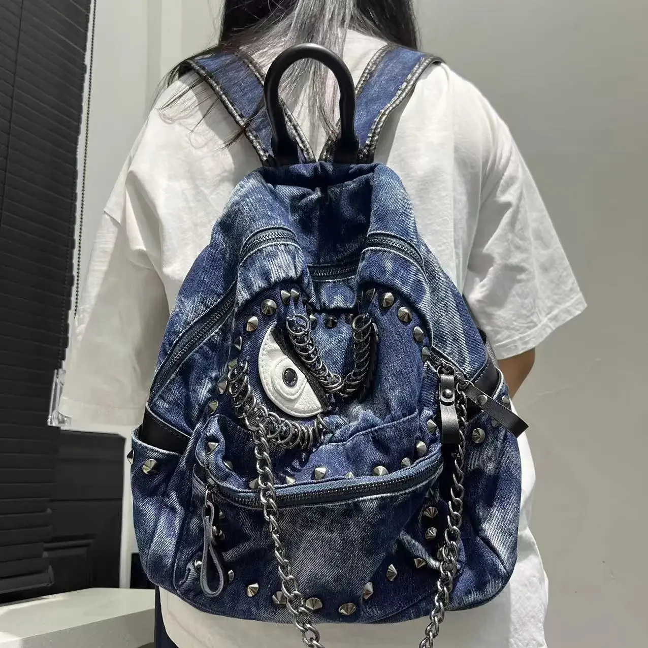 Women's Fashion Steampunk Denim Backpack Large Capacity Rivet Chain Shoulder Handbag