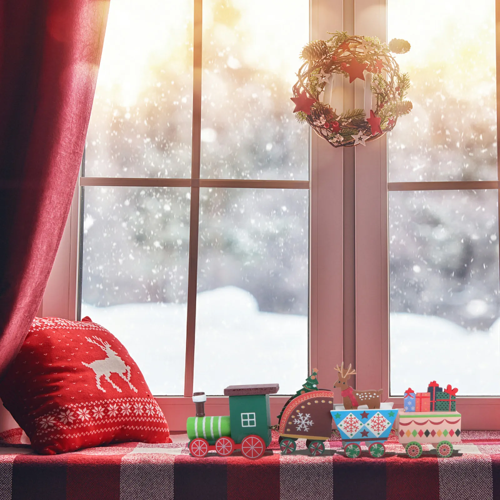 

2 pcs Wooden Train Ornament Small Train Decoration For Christmas Xmas Party Home Cabinet Desktop Festive Holiday Decor