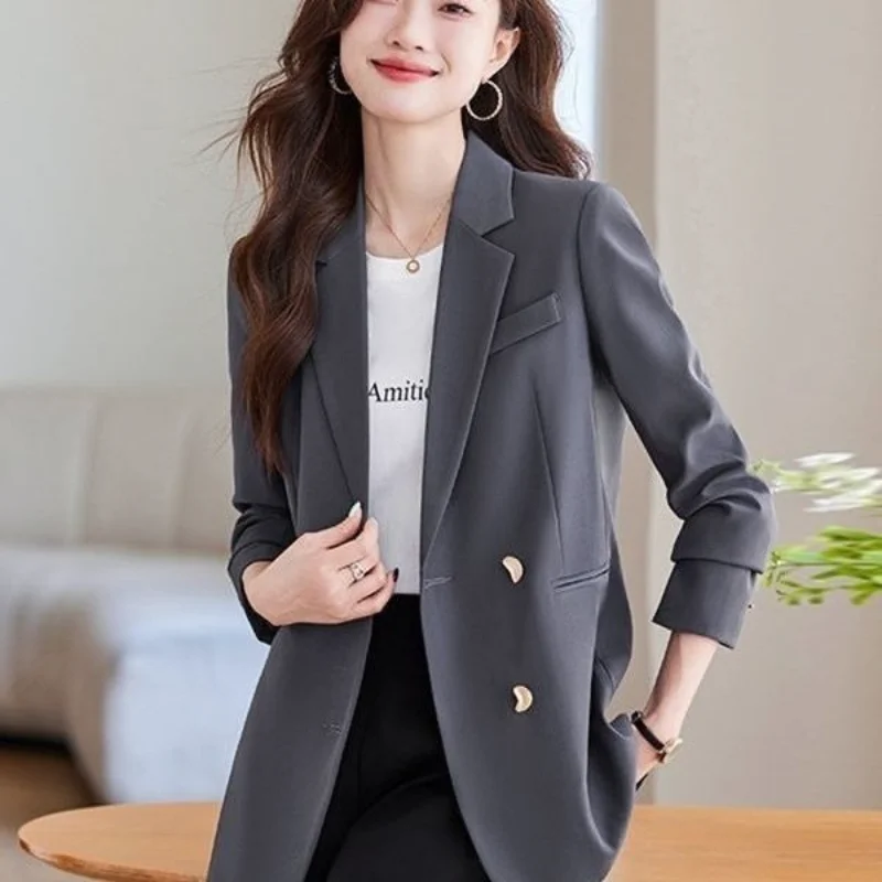 Spring Autumn New Versatile Fashionable Elegant Gray Small Suit Loose Trendy British Style Mid-Length Senior Suit