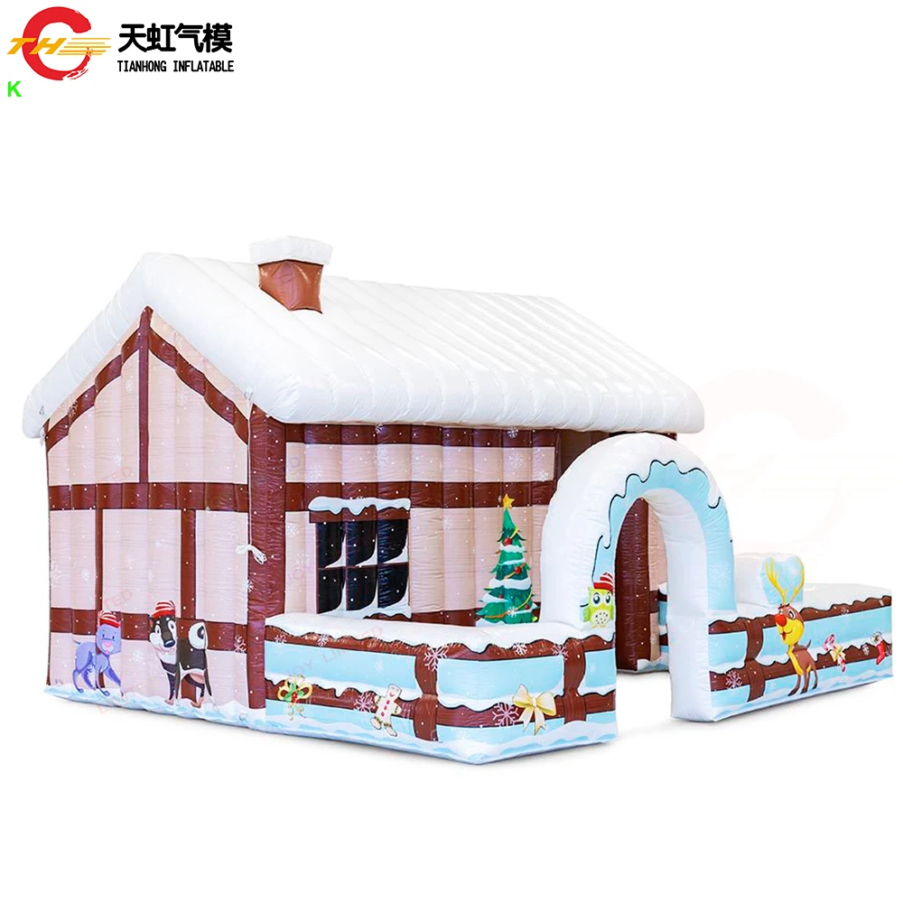 2025 Nuovo design Gonfiabile Casa di Natale 5x4m/7x5m Gonda di Babbo Natale gonfiabile con recinzione da giardino